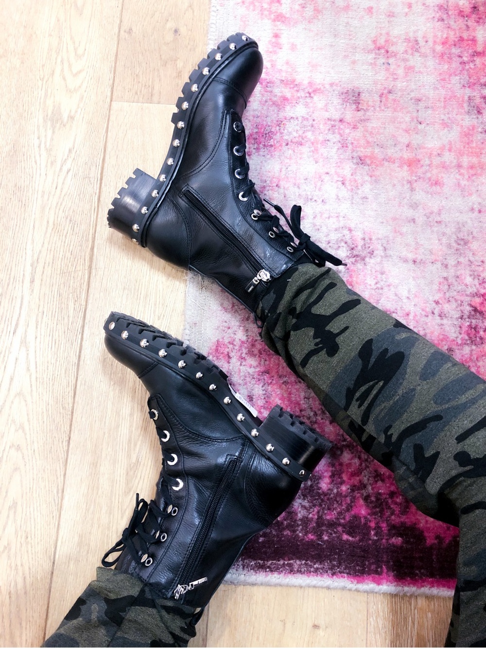SCHUTZ Black Studded Leather Lace-Up Combat Boots